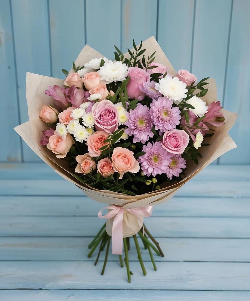 Букет цветов из: Хризантемы, Розы и Альстромерии в Среднем Ставропольского края