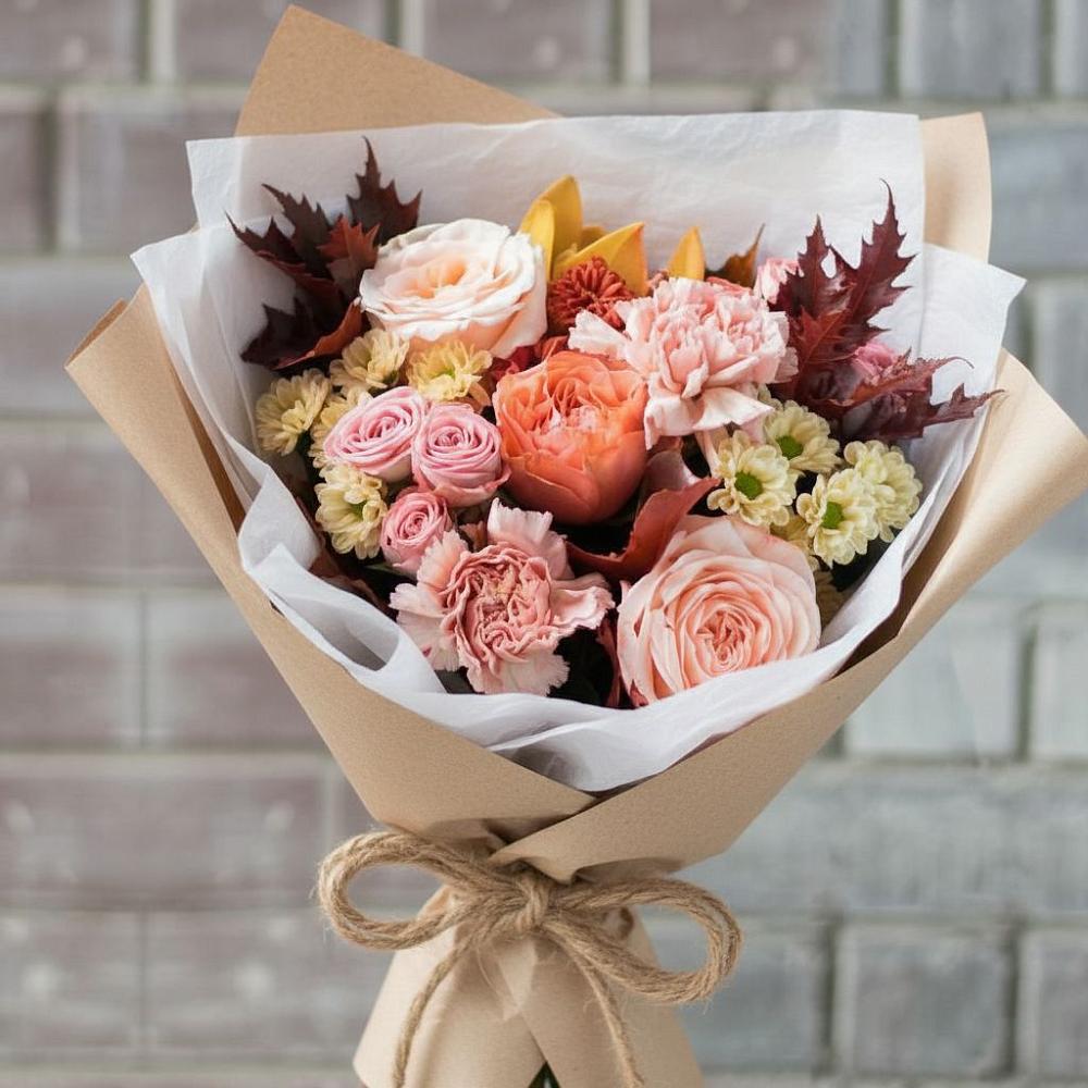 Букет цветов из: Гвоздики, Хризантемы и Розы в Среднем Ставропольского края