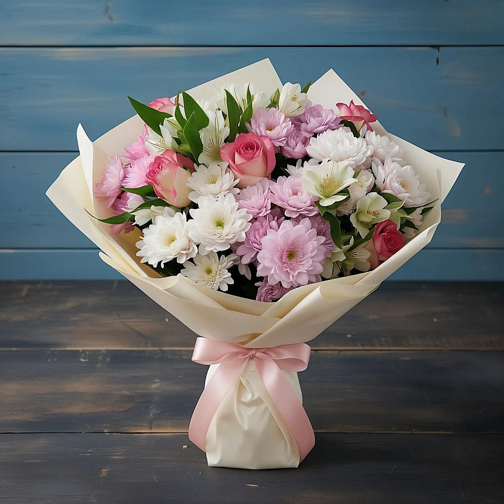 Букет цветов из: Хризантемы, Альстромерии и Розы в Среднем Ставропольского края